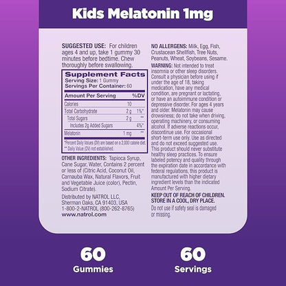 Natrol Kids Melatonin 1mg, Supplement for Restful Sleep, Sleep Gummies for Children, 60 Raspberry-Flavored Melatonin Gummies, 60 Day Supply