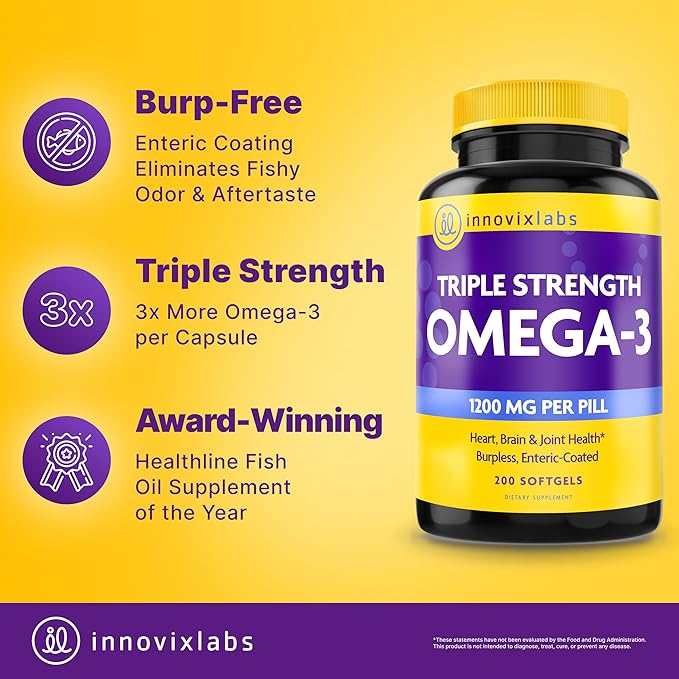 InnovixLabs Triple Strength Omega 3 Supplement, Burpless Fish Oil for Women and Men - 900 mg EPA & DHA, Brain & Joint Support, Award Winning & Third-Party Tested, 200 Softgels
