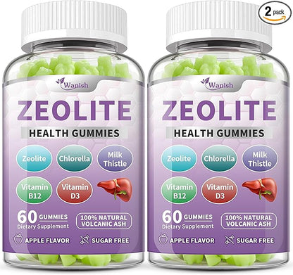 Wanish (2 Packs) Zeolite Gummies for Adults - Zeolite Clinoptilolite, Chlorella, Milk Thistle & Vitamins- Supports Immune Health, Gut and Liver, Vegan, Non-GMO, Sugar Free, Apple Flavor, 120 Count