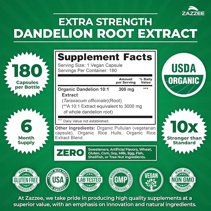 Zazzee USDA Organic Dandelion Root 10:1 Extract, 180 Capsules, 6 Month Supply, Liver & Detox Support, Taraxacum Officinale, Organic Herbal Supplement, All-Natural, Non-GMO, Made in the USA