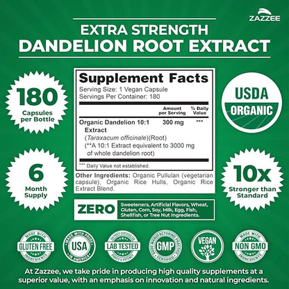 Zazzee USDA Organic Dandelion Root 10:1 Extract, 180 Capsules, 6 Month Supply, Liver & Detox Support, Taraxacum Officinale, Organic Herbal Supplement, All-Natural, Non-GMO, Made in the USA