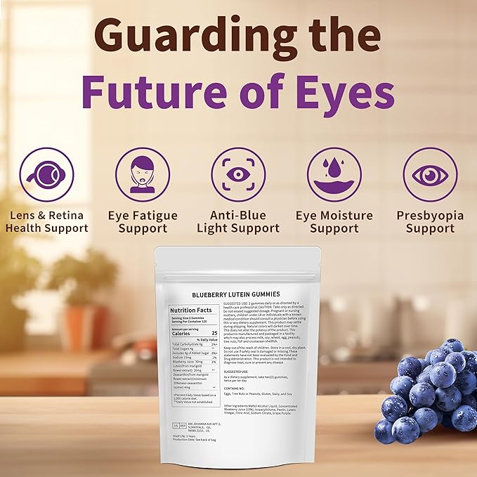 Hudetex Blueberry Lutein Gummies with 120 Count - 2 Month Supply, Eye Health Support Supplement for Kids and Adult, Contains Blueberry Juice (30 mg/Gummy) & Lutein (20 mg/Gummy)