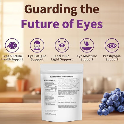 Hudetex Blueberry Lutein Gummies with 120 Count - 2 Month Supply, Eye Health Support Supplement for Kids and Adult, Contains Blueberry Juice (30 mg/Gummy) & Lutein (20 mg/Gummy)