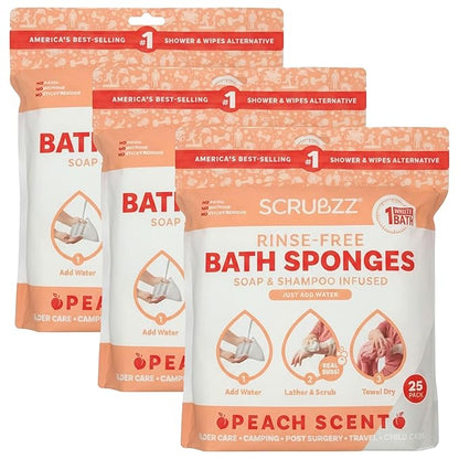 Scrubzz Disposable No Rinse Bathing Wipes for Sensitive Skin - All-in-1 Single Use Shower Wipes, Simply Dampen, Lather, and Dry Without Shampoo or Rinsing (Peach, 3-Pack)