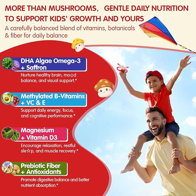 Kids, Teens & Adults Focus Gummies - Lions Mane Mushroom + Saffron + Algae Omega-3, 24-IN-1 Attention Supplement with Chaga, Magnesium, Methylated B12, B6 for Brain, Memory, Energy, Sugar Free, 2Pack
