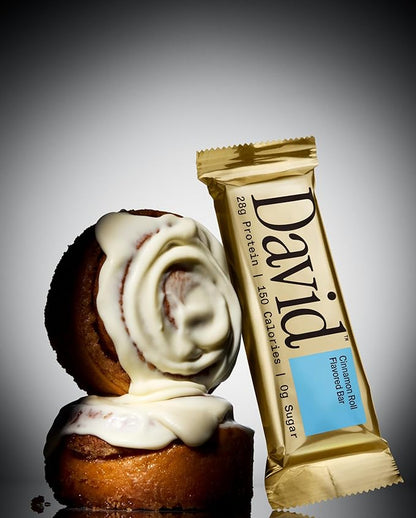 David Protein Bar, Cinnamon Roll, Pack of 12 Protein Bars | 28g of Protein | 150 Calories | 0g of Sugar - High Protein, Low Carb, Gluten Free Protein Bar