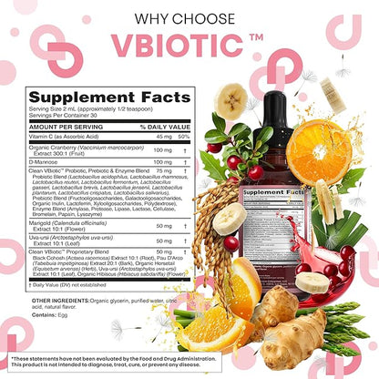Clean Nutraceuticals VBiotic Vaginal Probiotic for Women Liquid Drops | Cranberry Uva Ursi Horsetail D-Mannose Prebiotics Marigold & Black Cohosh Vaginal Health Supplement | pH Balance