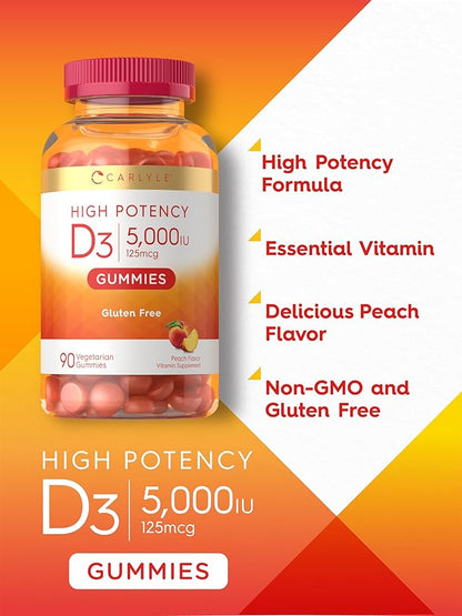Carlyle Vitamin D3 Gummies | 5000 IU (125 mcg) | 90 Count | High Potency for Adults | Peach Flavor | Vegetarian, Non-GMO, Gluten Free Supplement