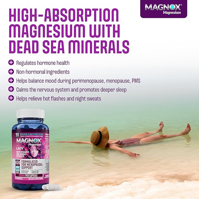MAGNOX® Lady Magnesium Supplement | Menopause and PMS Support Supplement for Women | Magnesium Complex with Vitamins B6, B1, B12, D, Zinc | High-Absorption Dead Sea Organic Magnesium | 60 Capsules