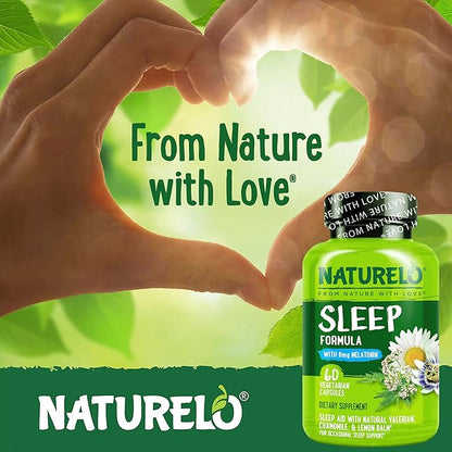 NATURELO Sleep Aid - with Melatonin, Magnesium, GABA, Valerian Root, Lemon Balm, Chamomile Herbal Extracts - Plant-Based Sleeping Aid - 60 Vegan Capsules