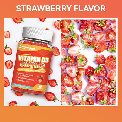 Vitamin D3 5000 IU 125mcg Gummies - Vitamin D Gummies for Adults, Support Immune, Bone, Muscle Health - Non-GMO, Gluten-Free, Dairy-Free, No Gelatin, 60 Count, Strawberry Flavor