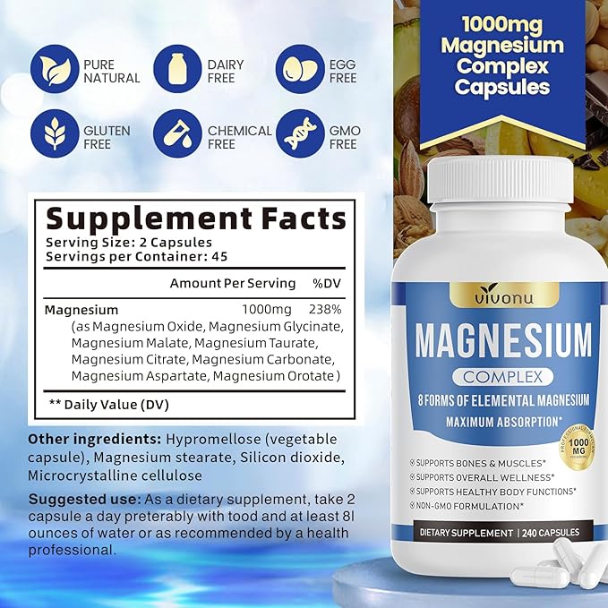 1000mg Magnesium Complex Capsules, 8 Elemental with Magnesium Glycinate, Citrate, Malate, Taurate, Oxide, Carbonate, Aspartate, Orotate for Bones, Muscle, Recovery, Energy, Vegan Non-GMO, 2 Bottle