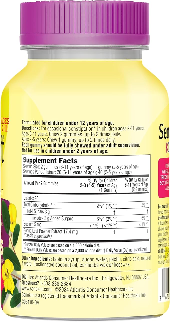 Senokot Kids Mixed Berry Laxative Gummies for Age 2+, Senna Extract for Gentle, Overnight Relief from Occasional Constipation, 40 ct
