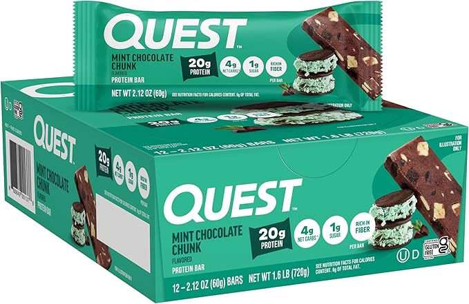 Quest Nutrition Mint Chocolate Chunk Protein Bars, 20g Protein, 1g Sugar, 4g Net Carb, High Fiber, Gluten Free, Keto Friendly, 12 Count