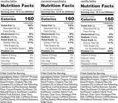 OWYN Only What You Need Double Shot Mocha Latte, Vanilla Latte and Caramel Macchiato Flavored Protein Shake, 20g Protein, 0g Sugar, 3g Fiber, 180mg Caffeine, Dairy Free, Plant Based Protein, 12 CT