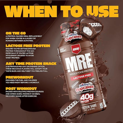 REDCON1 MRE Ready to Drink Protein Shakes Hostess™, Cupcakes - Lactose Free RTD Protein Made with Real Whole Food Protein Blends - Easy to Digest Nutritional Shake (12 Pack)