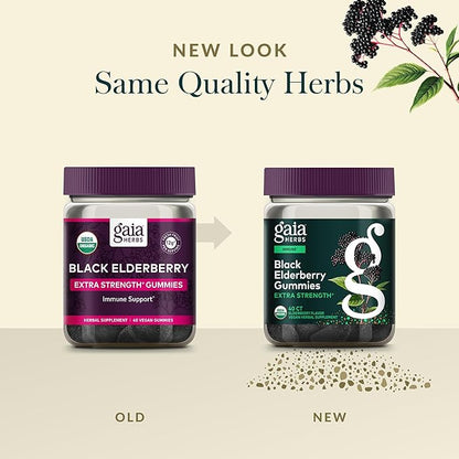 Gaia Herbs Black Elderberry (Sambucus nigra) Extra Strength Gummies - Delicious Immune Support Supplement* - Certified Organic Black Elderberries for Immune System Support* - 40 Gummies (20 Servings)