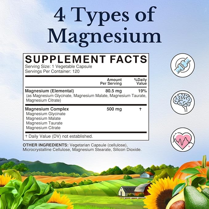 Vitalitown Magnesium Complex Supplement 500mg - NSF Certified Magnesium Glycinate, Malate, Taurate & Citrate - Chelated High Absorption & Gentle on Stomach - Vegan Non-GMO 2 Packs 240 Capsules