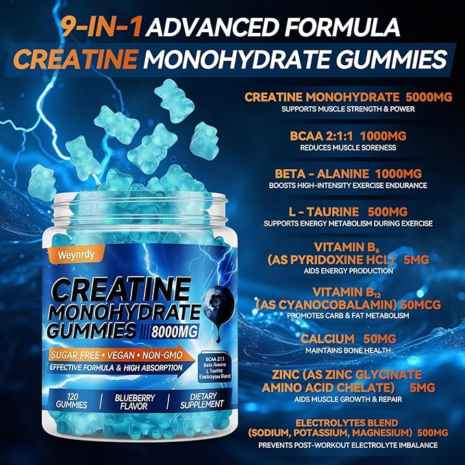 Creatine Monohydrate Gummies Complex 8000mg for Men & Women, Sugar Free Creatine Gummy with L-Taurine, BCAA 2:1, B12＆6, for Muscle Growth, Energy Boost & Recovery, Vegan, Gluten-Free, 120 Count