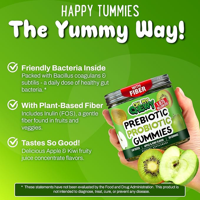 Center-Filled Kids Probiotic Gummies - with Prebiotic and Vegan Inulin Fiber for Digestive Support - Gut Health Supplement for 4+ Yo Children & Teens - Delicious Apple & Kiwi Flavor - 60 CT
