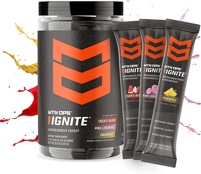 MTN OPS Ignite Sugar Free Energy Drink Powder Variety Pack with 200mg Caffeine, Travel Pre Workout Packets for to-Go Energy, Nootropic Blend, L Arginine & L Citrulline, 21 Servings, Core Flavors