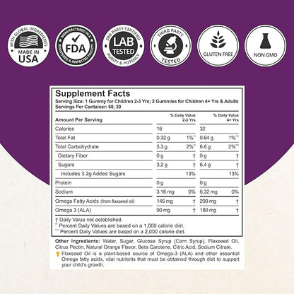 NuBest Omega 3 Gummies for Kids & Teens with Flaxseed Oil | Supports Brain Growth, Mental Clarity, Focus, and Eye Health | No Added Sugar | Orange Flavor | 60 Premium Vegan Gummies | 1 Month Supply