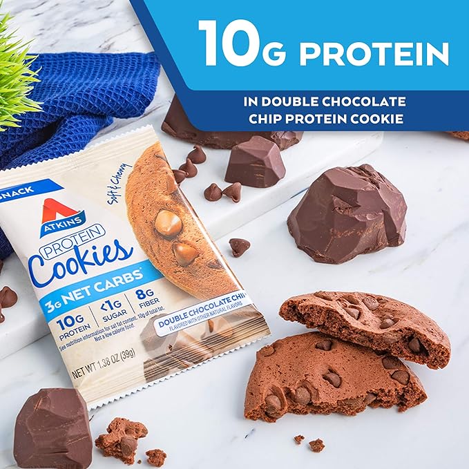 Atkins Double Chocolate Chip Protein Cookie, Protein Dessert, Rich in Fiber, 3g Net Carbs, 1g Sugar, Keto Friendly, 4 Count
