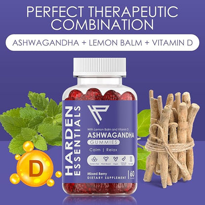 KSM-66 Ashwagandha Gummies 750mg Per Gummy – 1,500mg Per Serving – Stress & Cortisol Support – with Lemon Balm & Vitamin D – 60 Count (30 Day Supply) – Vegan – Harden Essentials