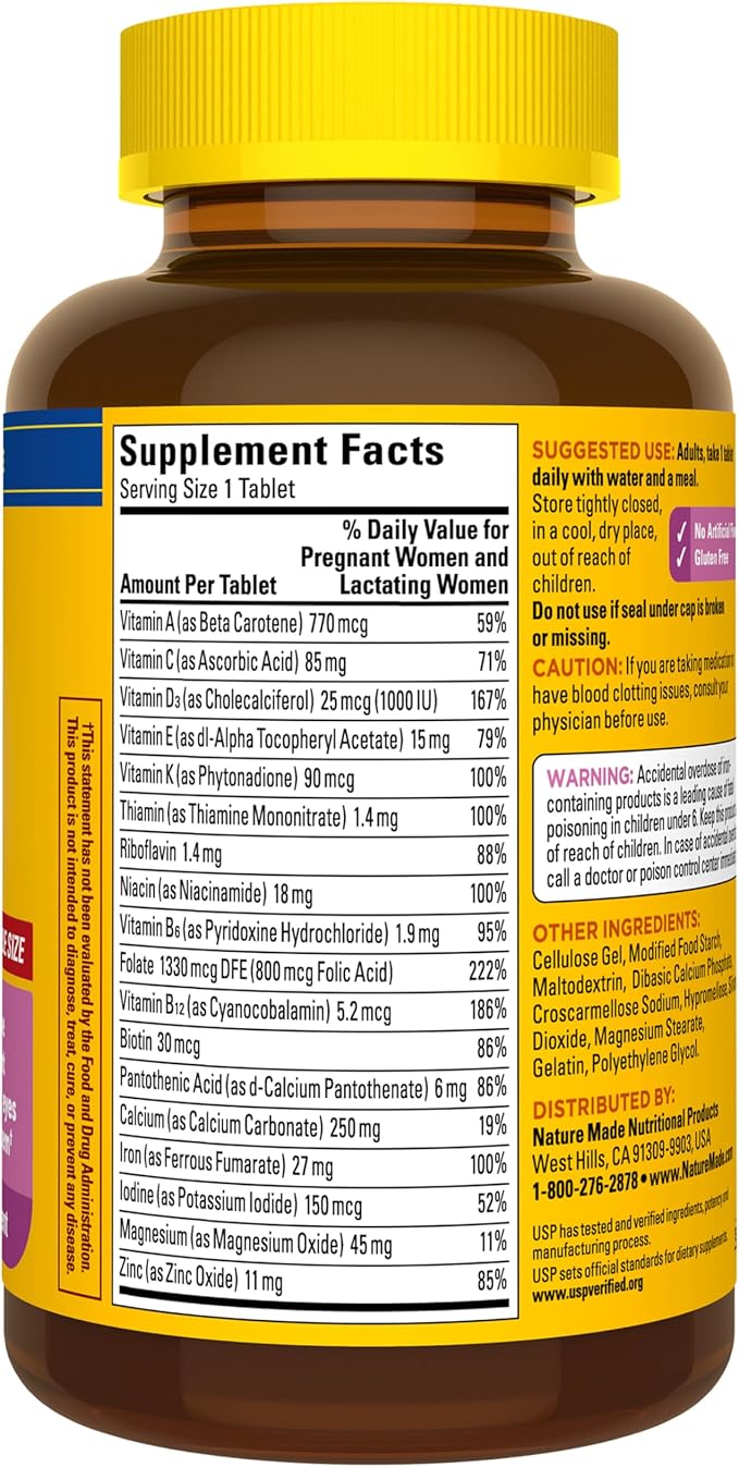 Nature Made Prenatal Multivitamin with Folic Acid, Vitamin & Mineral Supplement, Daily Nutritional Support, Prenatal Vitamins for Women, 250 Tablets, 250 Day Supply