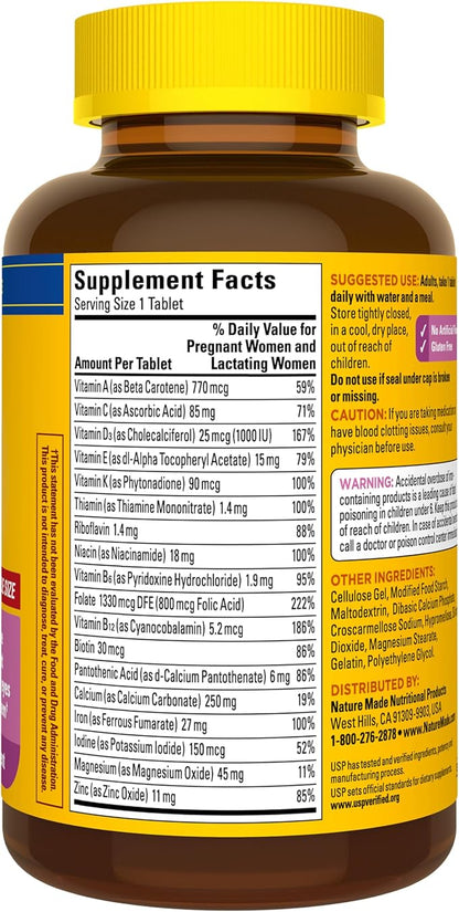 Nature Made Prenatal Multivitamin with Folic Acid, Vitamin & Mineral Supplement, Daily Nutritional Support, Prenatal Vitamins for Women, 250 Tablets, 250 Day Supply