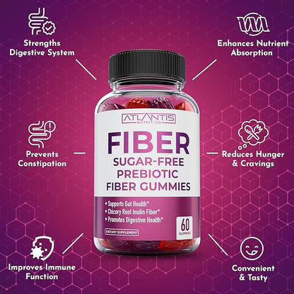Atlantis Nutrition Sugar Free Fiber Gummies for Adults - 5G Fiber Supplement Formulated with 5.4G Prebiotic Digestive Blend/Serving - Supports Gut Health & Healthy Digestion - 2-Pack 120 Gummies
