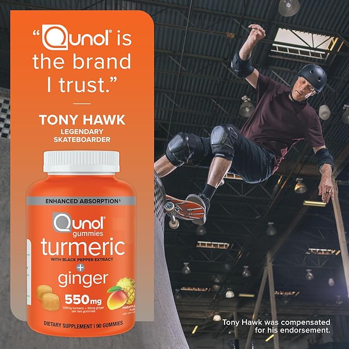 Qunol Turmeric and Ginger with Black Pepper Gummies, Turmeric Curcumin Supplement, Joint Health Support Gummy, 90ct Gummies