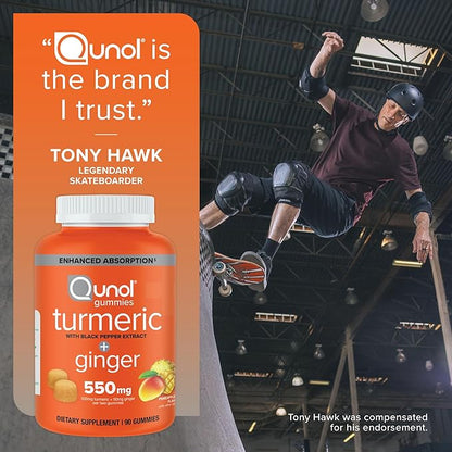 Qunol Turmeric and Ginger with Black Pepper Gummies, Turmeric Curcumin Supplement, Joint Health Support Gummy, 90ct Gummies