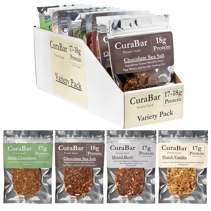 CuraBar Protein Bars – Variety Pack (4 Flavors), 17g Protein, Low Carb, Gluten Free, Dairy Free, Healthy Snack, Seed Oil Free, No Artificial Ingredients, 12 Count