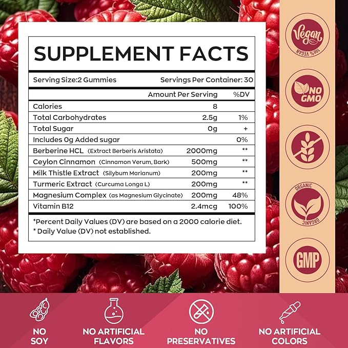 Berberine Gummies 2000mg-Natural High Potency Berberine HCL Supplement - Immune System & Metabolism Support - Vegan, Non-GMO - Delicious Raspberry Flavor (60 Count（Pack of 2）)
