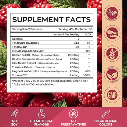 Berberine Gummies 2000mg-Natural High Potency Berberine HCL Supplement - Immune System & Metabolism Support - Vegan, Non-GMO - Delicious Raspberry Flavor (60 Count（Pack of 1）)