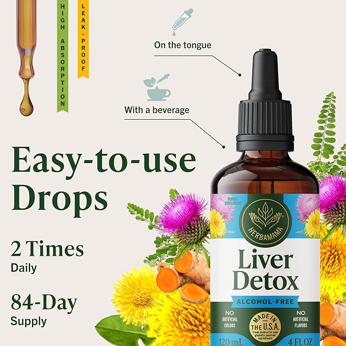 HERBAMAMA Liver Detox Liquid Drops - Vegan Liver Support with Milk Thistle, Dandelion Root, Chanca Piedra & Turmeric Tincture - Non-GMO, Alcohol & Sugar-Free Supplement - 84-Day Supply