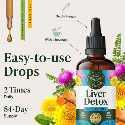 HERBAMAMA Liver Detox Liquid Drops - Vegan Liver Support with Milk Thistle, Dandelion Root, Chanca Piedra & Turmeric Tincture - Non-GMO, Alcohol & Sugar-Free Supplement - 84-Day Supply