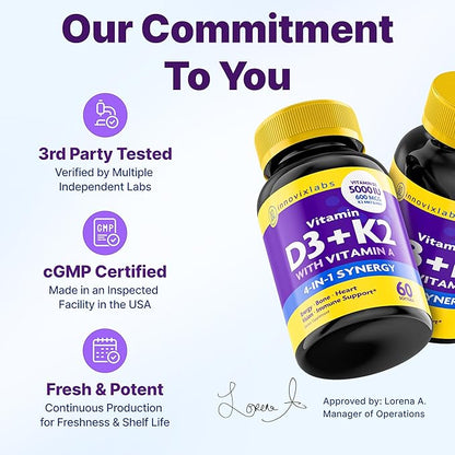 InnovixLabs Vitamin D3 K2-5000 IU Vitamin D3 Plus 600 mcg Vitamin K2 MK4 and MK7 for Max Calcium Absorption, Supports Bone, Immune, Heart Health, 3rd Party Tested, Gluten Free, 60 Softgels