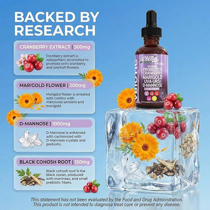 VBiotic Vaginal Probiotic for Women Liquid Drops | Womens Probiotics | Cranberry Uva Ursi Horsetail D-Mannose Prebiotics Marigold & Black Cohosh Vaginal Health Supplement | pH Balance | By Clean Nutra