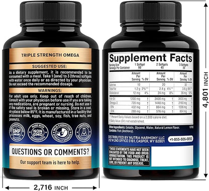 Omega 3 Fish Oil 3600 mg - Omega 3 Supplement | EPA & DHA - Heavy Metals Free - Heart, Brain & Joint Support - Purified Fish Oil for Men & Women - Lemon Flavored - Made in USA, 90 Softgels
