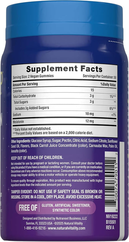 Natural Vitality Calm Sleep Melatonin 12mg Gummies | Max Strength Berry Flavored Formula | 100% Drug Free | Non-GMO, Vegan and Gluten Free Supplement |100 Count
