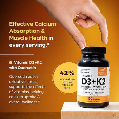 Sandhu's Vitamin D3 K2 Magnesium 5000 IU, 120mcg K2 Capsules 120 Count (Pack of 3) | with VIT B6, Zinc & Quercetin | D3K2 Supports Superior Absorption, Energy, Immune, Muscle Health for Men & Women