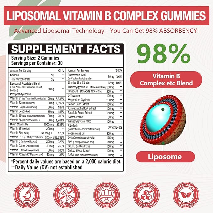 33-IN-1 Liposomal Overall 3500mg + Vitamin B Complex Gummies -B1, B2, B3, B4, B5, B6, B7, B8, B9,B12 | Vitamin C, D3,K2 | Coq10 Omega 3 etc for Energy, Brain,Immune,Skin Support &Heart Support ﻿