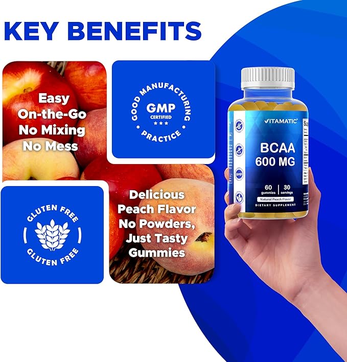 Vitamatic BCAA Gummies - Branch Chain Amino Acid Supplements - Peach Flavor - 600mg per Serving - 60 Vegan Pectin Based Gummies (3 Bottles)