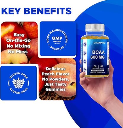 Vitamatic BCAA Gummies - Branch Chain Amino Acid Supplements - Peach Flavor - 600mg per Serving - 60 Vegan Pectin Based Gummies (3 Bottles)