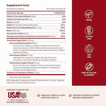 Snap Supplements Blood Sugar Blend with Berberine, CoQ10, Cinnamon, and Gymnema to Support Already Healthy Blood Sugar, Metabolic Health and Energy, Sugar Free, 60 Capsules 3-Pack (Packaging May Vary)