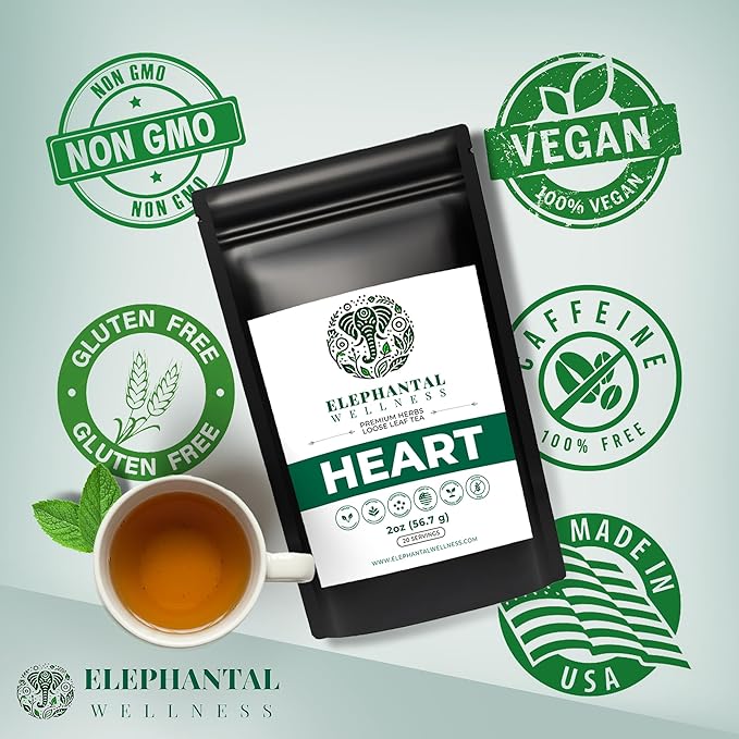 Elephantal Wellness Heart Herbal Tea – Herbal Loose Leaf Tea for Circulation & Cardiovascular Support with Hawthorn, Cinnamon, Ginger & Turmeric – Lightly Caffeinated Green Tea Blend, 2oz, 20 Servings