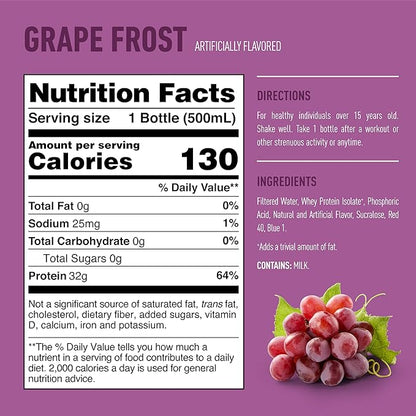 Isopure Zero Carb 32g Clear Protein Ready-to-Drink, Whey Protein Isolate, Grape Frost, 12 Pack (Packaging May Vary)