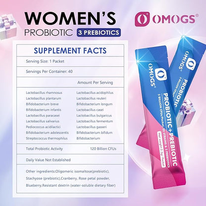 OMOGS Women's Probiotic,120-Billion-CFUs, 18 Strains, with 3 Prebiotics and Cranberry Extract, Help for Immune Booster, Digestive Health, Gut Health and Vaginal Health